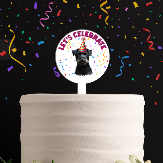 Personalised Dog Party Hat Cake Topper - Black Patterdale