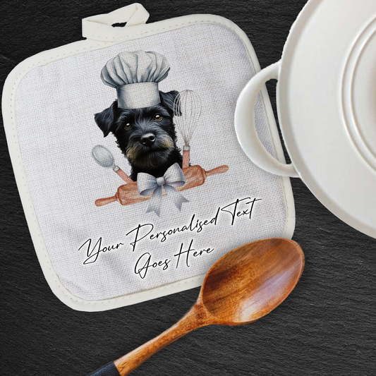 Personalised Dog In Chef Hat Gift Pot Holder / Grab - Black Patterdale