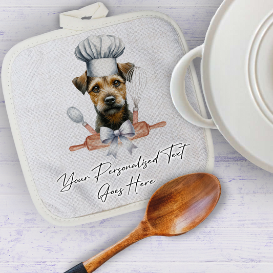 Personalised Dog In Chef Hat Gift Pot Holder / Grab - Brown Patterdale