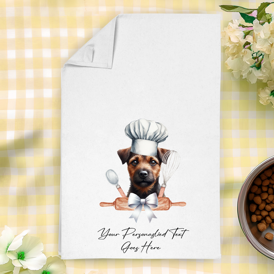 Personalised Dog In Chef Hat Gift Tea Towel - Red Patterdale