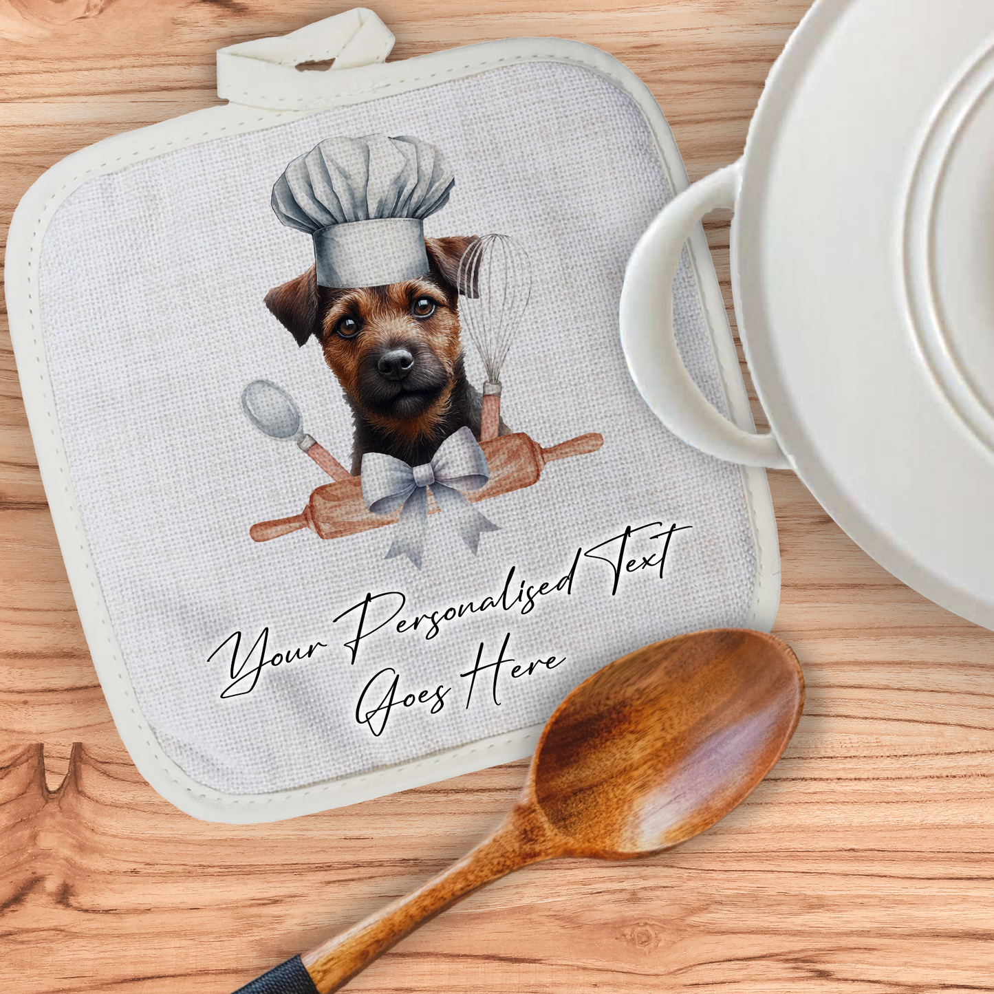 Personalised Dog In Chef Hat Gift Pot Holder / Grab - Red Patterdale