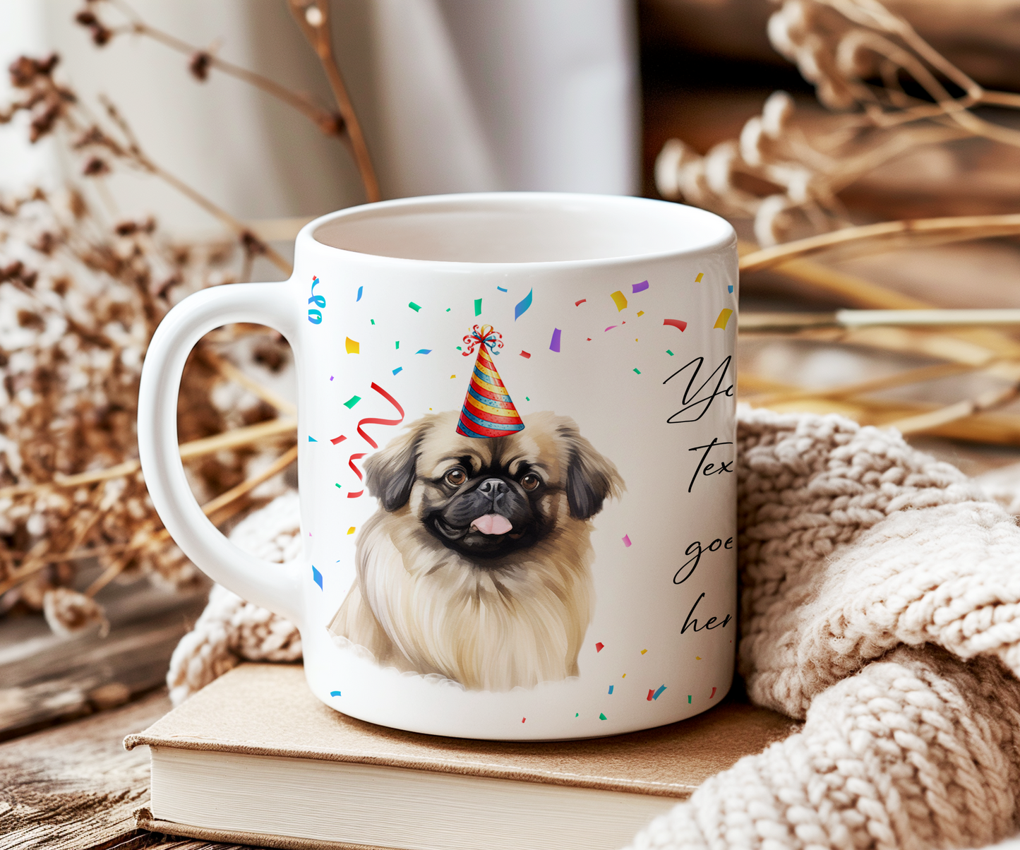 Personalised Dog Gift Mug - Pekingese with Birthday Congratulations Party Hat