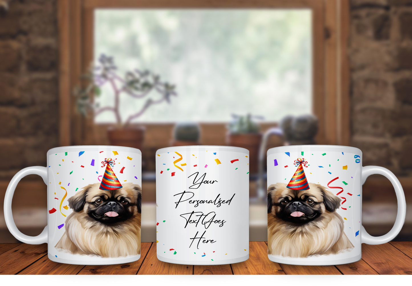 Personalised Dog Gift Mug - Pekingese with Birthday Congratulations Party Hat