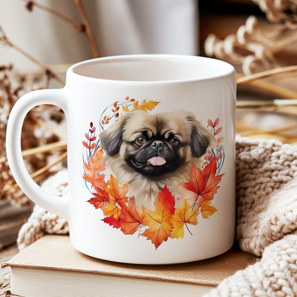 Personalised Pekingese in an Autumn wreath - Keepsake Mug, ideal gift for Birthday and Christmas Gift, by Floppsie Moppsie – floppsiemoppsie at floppsiemoppsie.co.uk