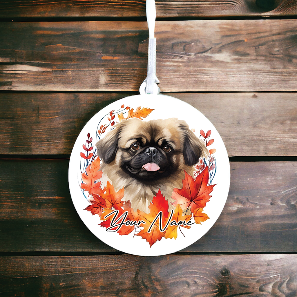 Personalised Dog Pekingese in an autumn wreath - Keepsake Gift Hanging Decoration, by Floppsie Moppsie – floppsiemoppsie at floppsiemoppsie.co.uk