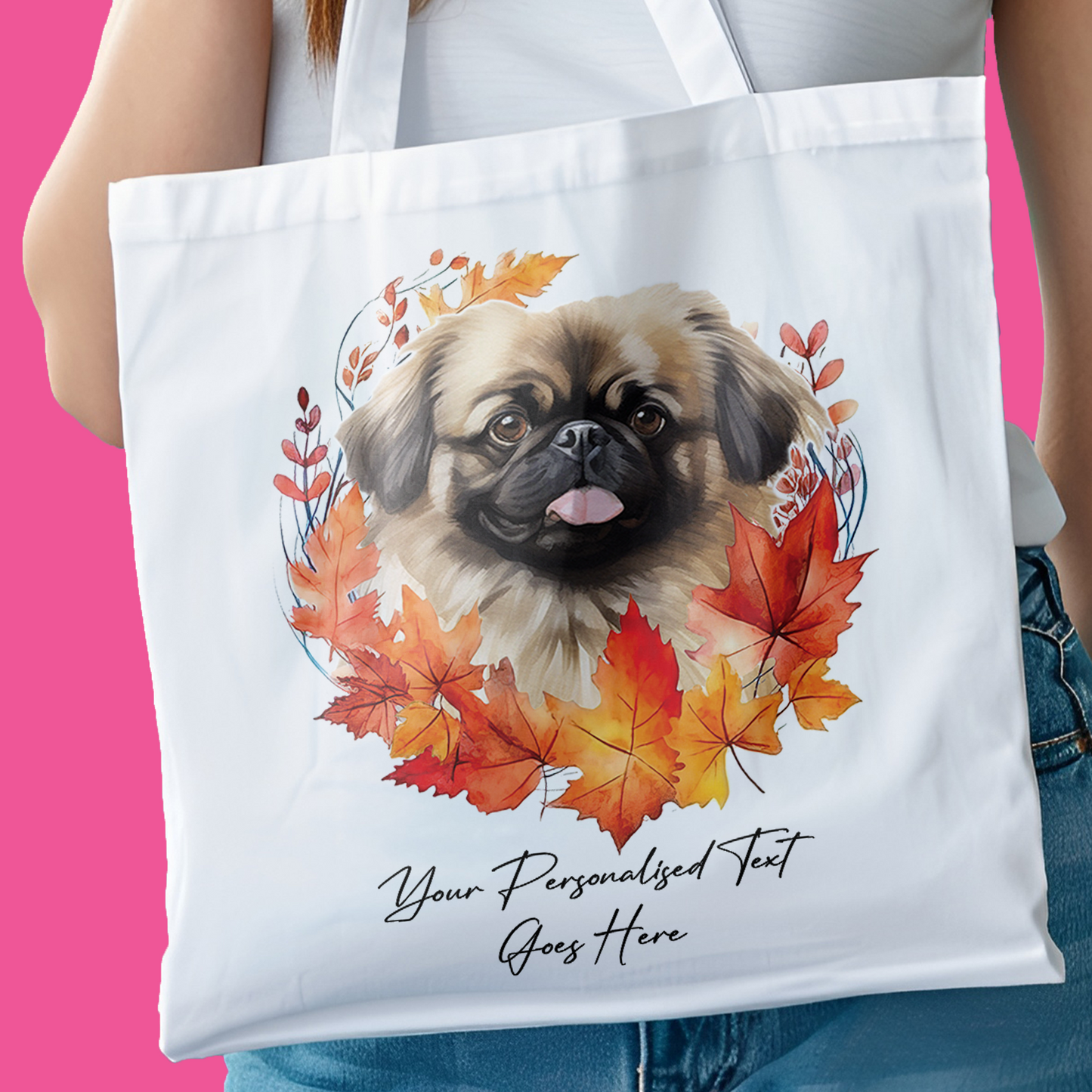 Personalised Dog Autumn Wreath Pekingese Tote Bag