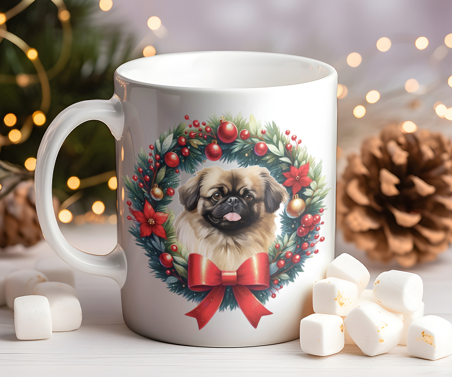 Personalised Pekingese Dog Christmas Wreath Gift Mug