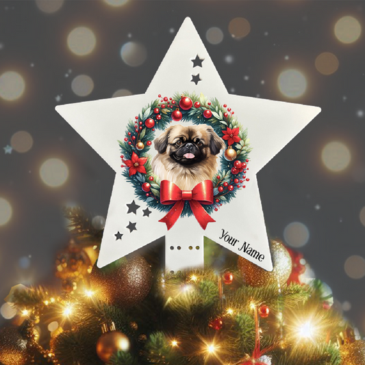 Personalised Pet Dog Pekingese wreath Christmas Tree Topper - Keepsake Gift, by Floppsie Moppsie – floppsiemoppsie at floppsiemoppsie.co.uk