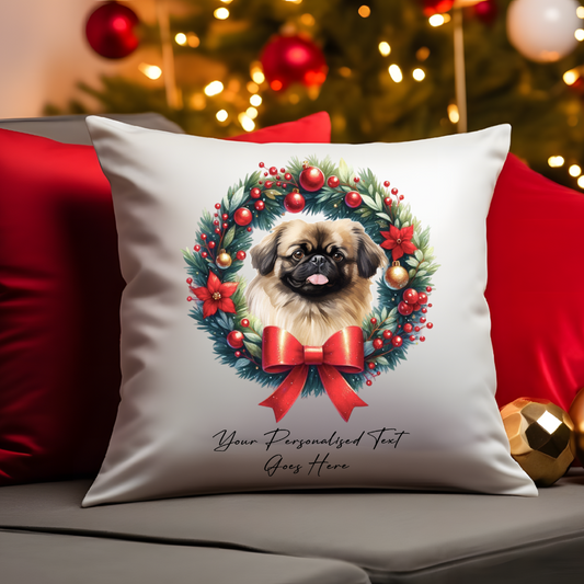 Personalised Pekingese in a Christmas wreath - Keepsake Gift cushion, by Floppsie Moppsie – floppsiemoppsie at floppsiemoppsie.co.uk