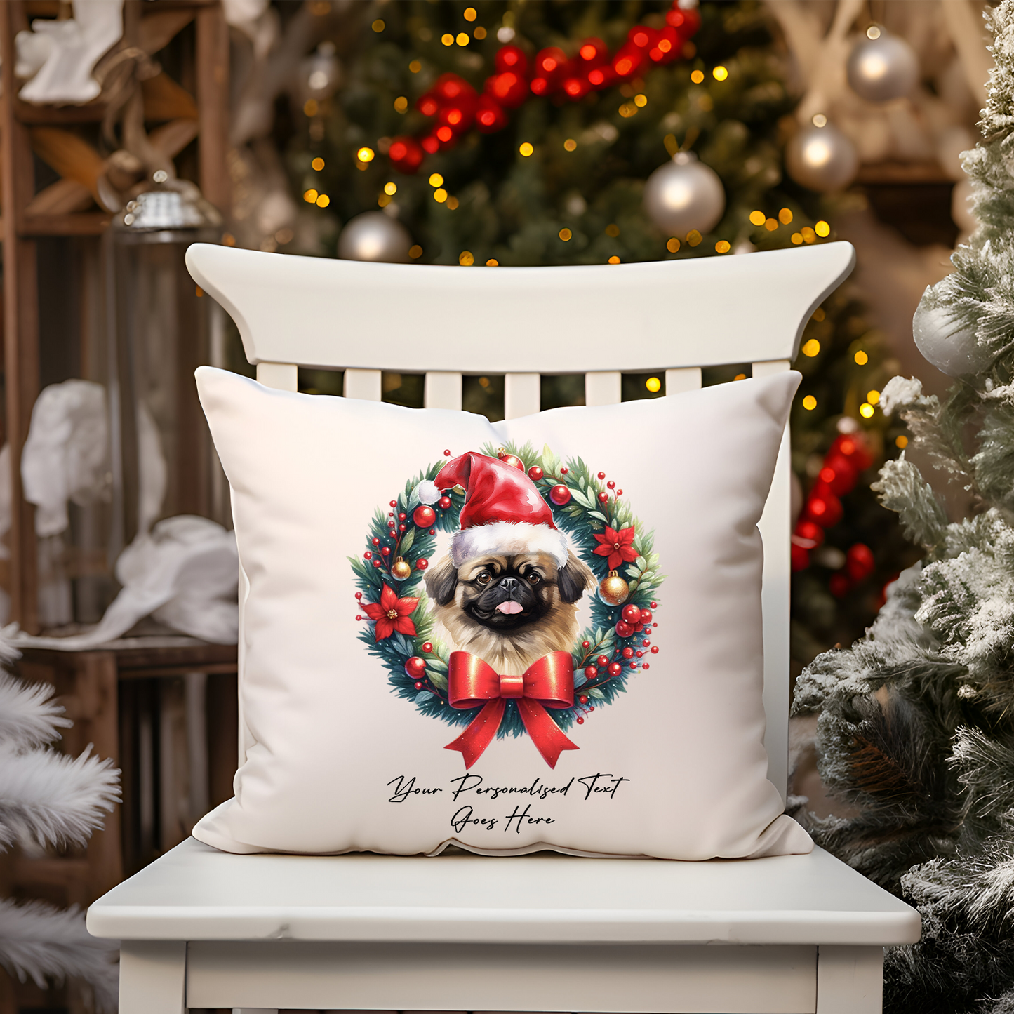 Personalised Pekingese Christmas Dog Wreath Gift Cushion