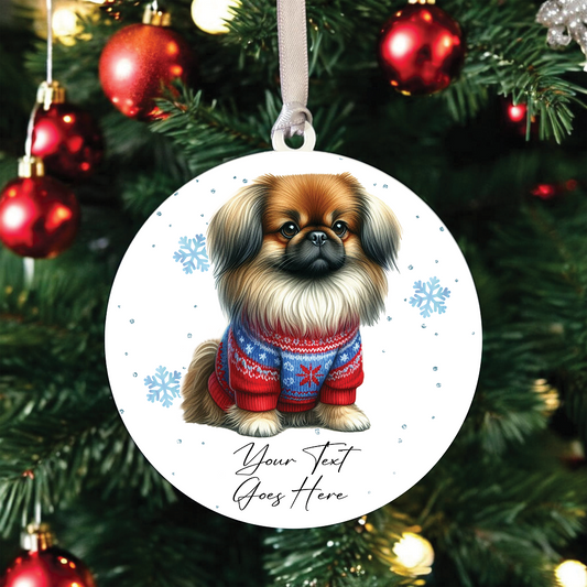 A Personalised Pekingese Jumper Dog Hanging Bauble Decoration