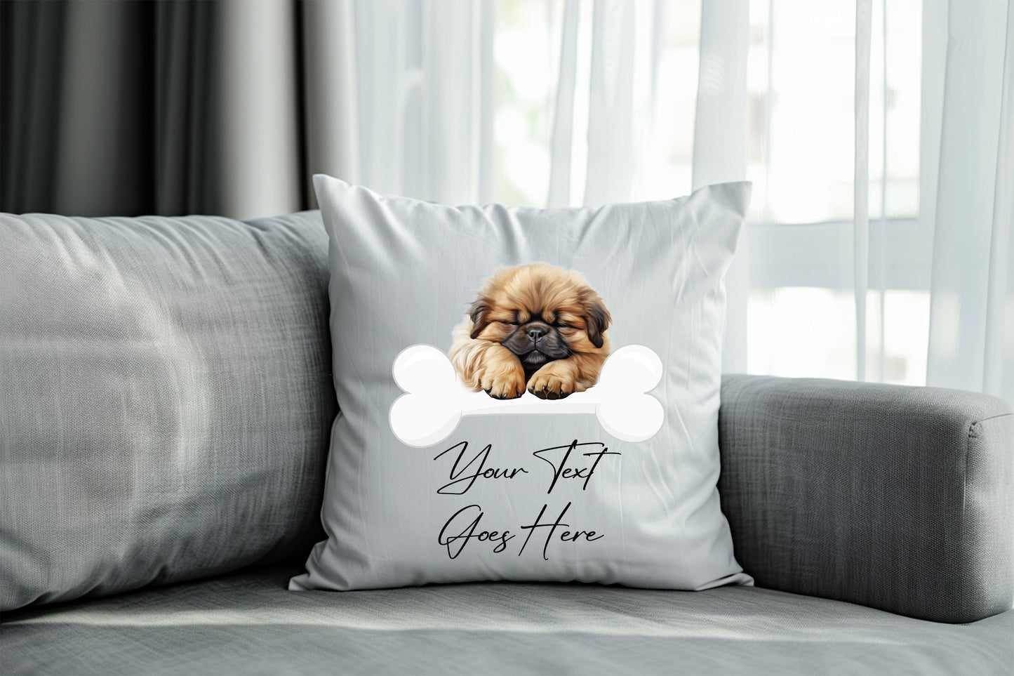 Personalised Pekingese sleeping on a bone Pet Dog Keepsake Gift Cushion, by Floppsie Moppsie – floppsiemoppsie at floppsiemoppsie.co.uk