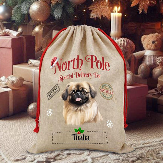 Personalised Dog Pekingese – North Pole Special Delivery Santa Sack Pet Gift, by Floppsie Moppsie – floppsiemoppsie at floppsiemoppsie.co.uk