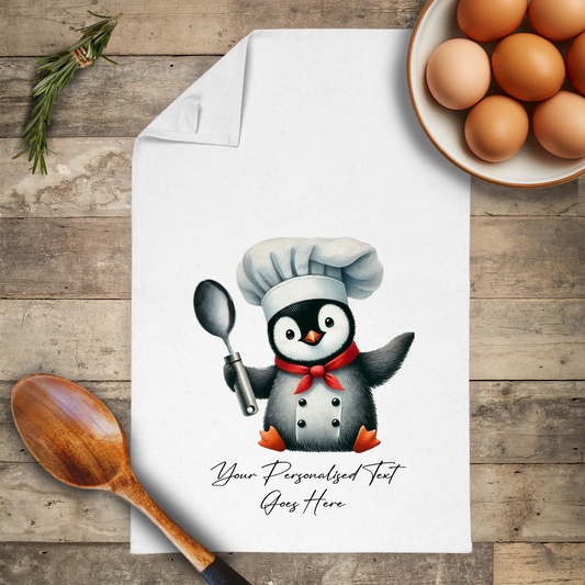 Personalised Watercolour Animal Chef Penguin Tea Towel