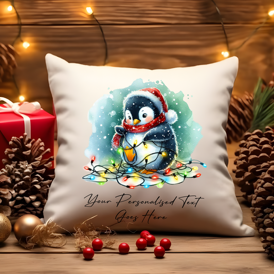 Personalised Penguin Wrapped in Christmas Lights Cushion Cover Gift - Style A