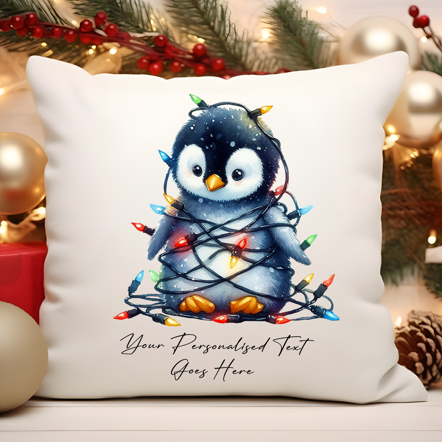 Personalised Penguin Wrapped in Christmas Lights Cushion Cover Gift - Style B