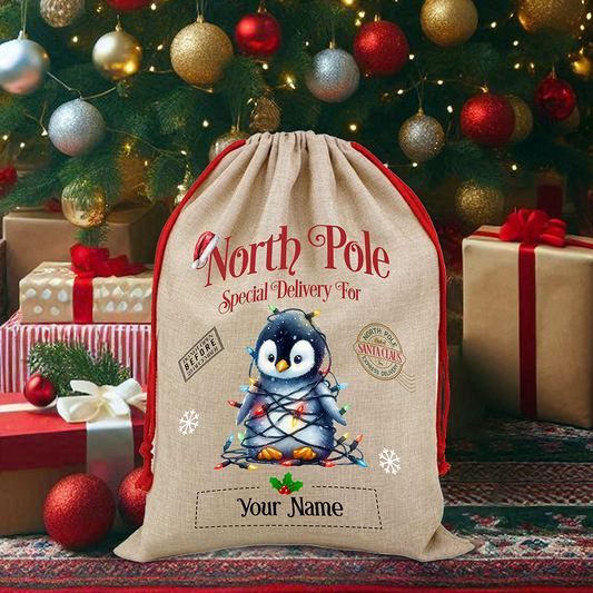 Personalised Penguin - North Pole Santa Sack