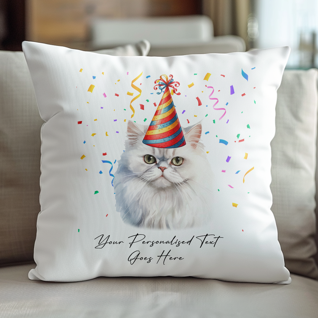 Personalised Persian Birthday Party Hat Cat - Cushion Cover Gift