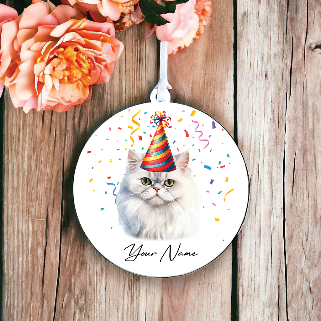 Personalised Persian Cat Birthday Party Hat - Hanging Bauble Decoration