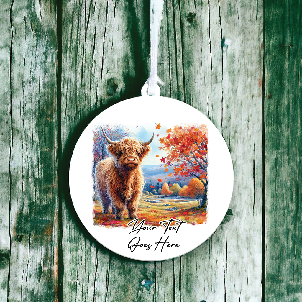 Personalised Autumn Highland Cow Decoration Keepsake Gift Hanging Bauble Decoration, by Floppsie Moppsie – floppsiemoppsie at floppsiemoppsie.co.uk