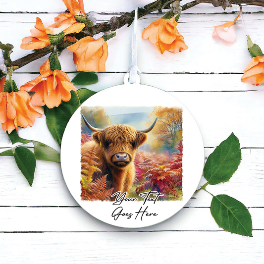 Personalised Autumn Highland Cow Decoration Keepsake Gift Mug, by Floppsie Moppsie – floppsiemoppsie at floppsiemoppsie.co.uk