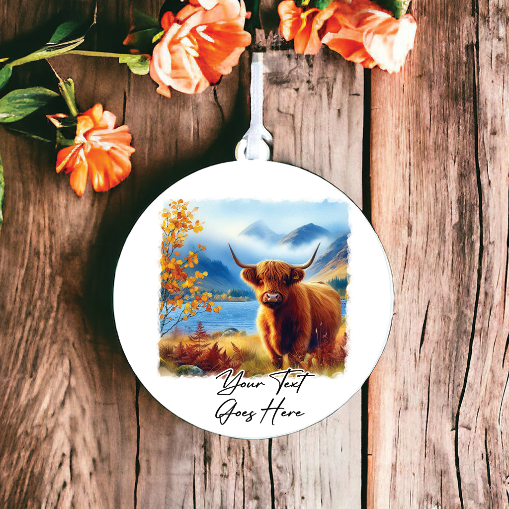 Personalised Autumn Highland Cow Decoration Keepsake Gift Mug, by Floppsie Moppsie – floppsiemoppsie at floppsiemoppsie.co.uk