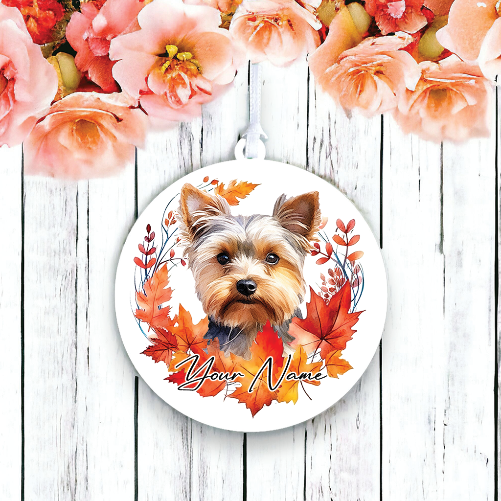 Personalised Dog Yorkshire Terrier in an autumn wreath - Keepsake Gift Hanging Decoration, by Floppsie Moppsie – floppsiemoppsie at floppsiemoppsie.co.uk