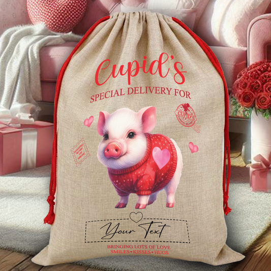 Personalised Animal Love Heart Valentine Anniversary Gift Sack - Pig