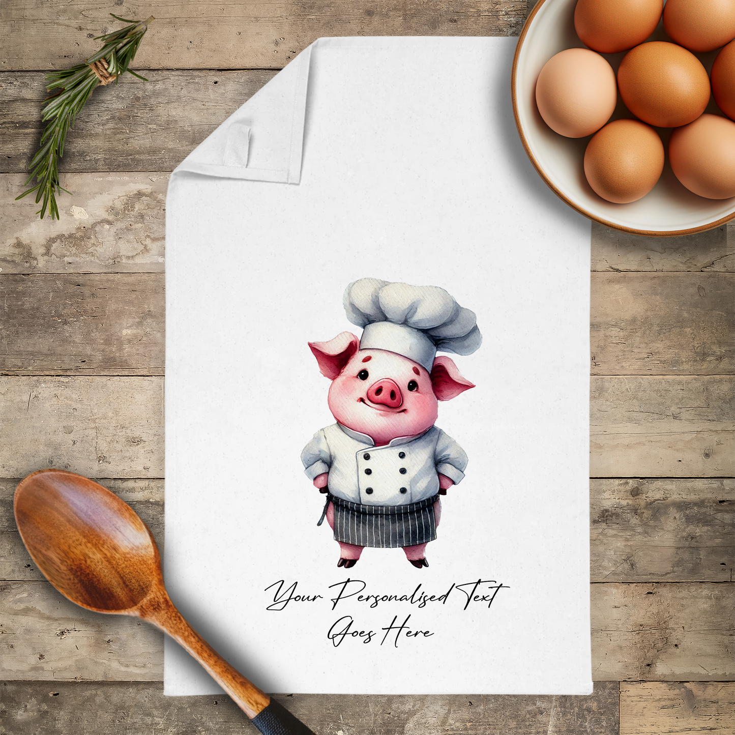 Personalised Watercolour Animal Chef Pig Tea Towel