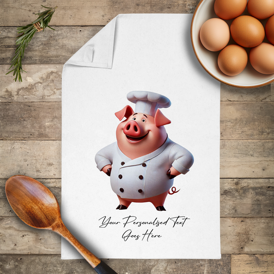 Personalised Toon Animal Chef Pig Tea Towel