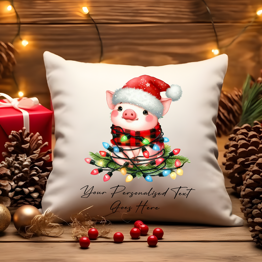 Personalised Pig Wrapped in Christmas Lights Cushion Cover Gift - Style A