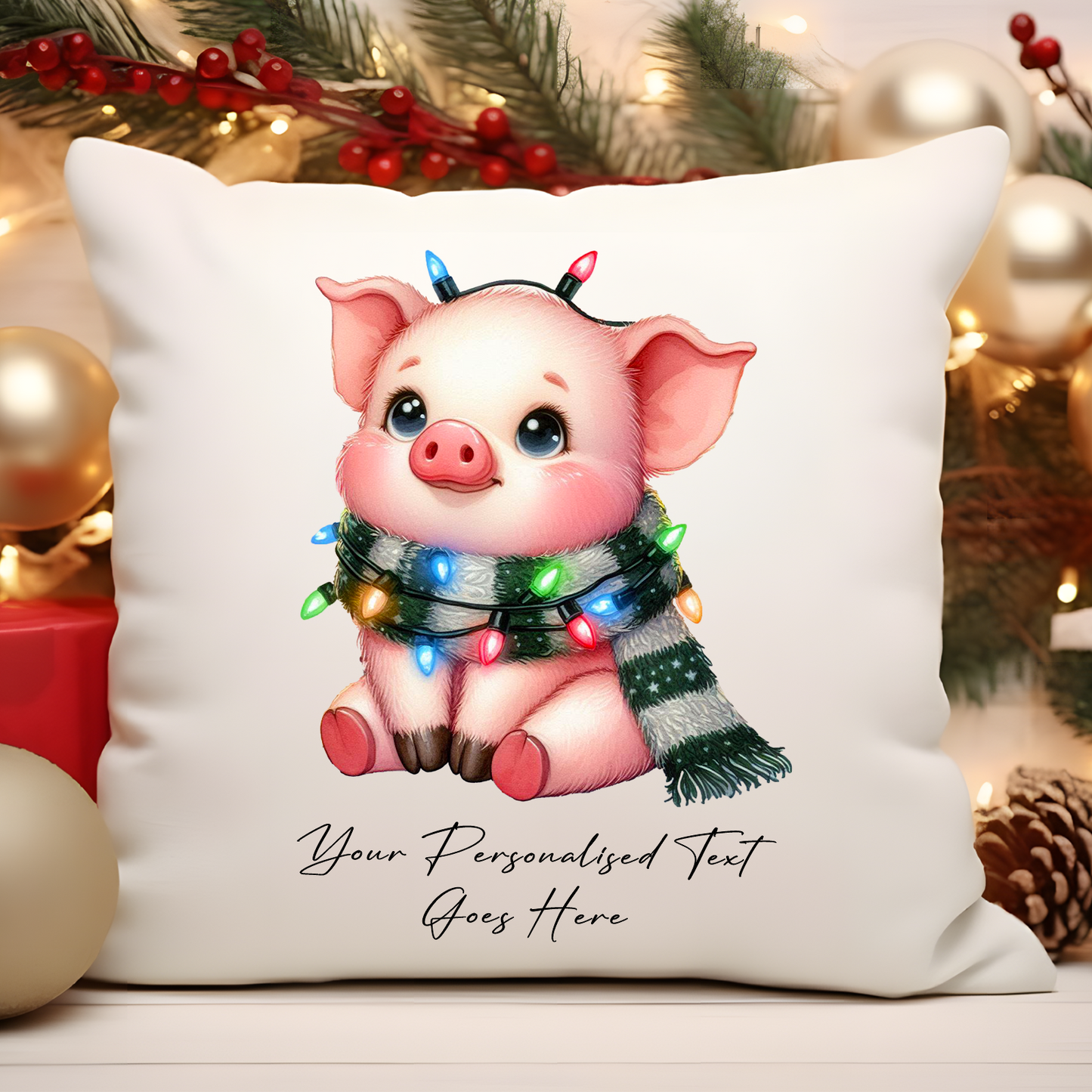 Personalised Pig Wrapped in Christmas Lights Cushion Cover Gift - Style B