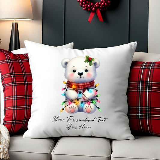 Personalised Polar Bear Wrapped in Christmas Lights Cushion Cover Gift - Style A