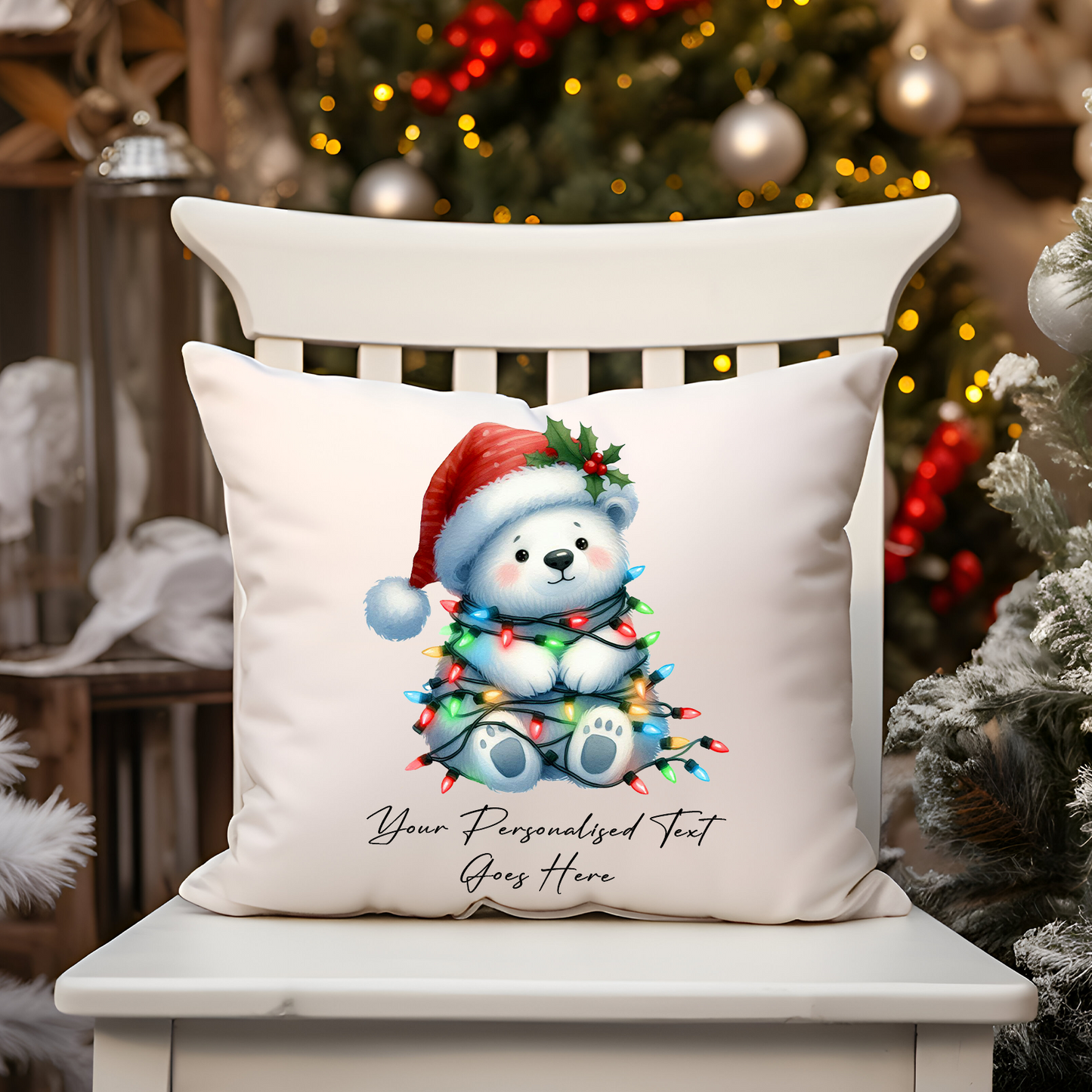 Personalised Polar Bear Wrapped in Christmas Lights Cushion Cover Gift - Style B