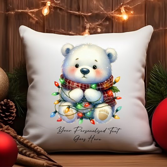 Personalised Polar Bear Wrapped in Christmas Lights Cushion Cover Gift - Style C