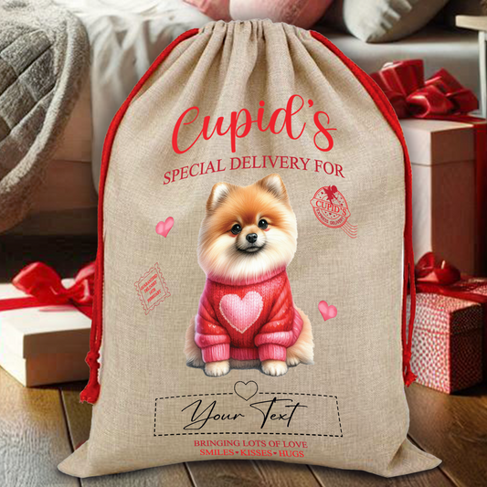 Personalised Dog Love Heart Valentine Anniversary Gift Sack - Pomeranian