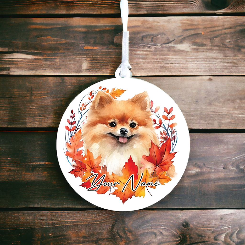 Personalised Dog Pomeranian in an autumn wreath - Keepsake Gift Hanging Decoration, by Floppsie Moppsie – floppsiemoppsie at floppsiemoppsie.co.uk