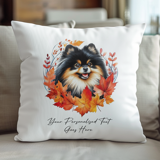 Personalised Black and Tan Pomeranian in an Autumn wreath - Keepsake Gift cushion, by Floppsie Moppsie – floppsiemoppsie at floppsiemoppsie.co.uk