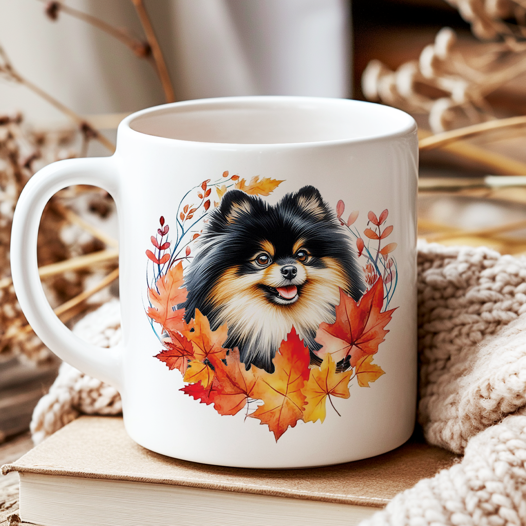 Personalised Black and Tan Pomeranian in an Autumn wreath - Keepsake Mug, ideal gift for Birthday and Christmas Gift, by Floppsie Moppsie – floppsiemoppsie at floppsiemoppsie.co.uk