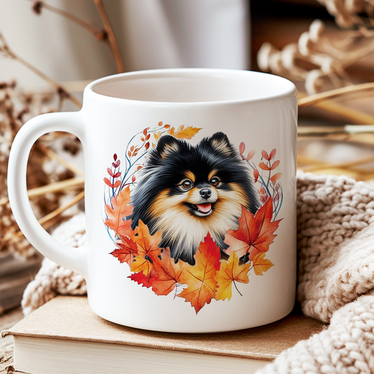 Personalised Black and Tan Pomeranian in an Autumn wreath - Keepsake Mug, ideal gift for Birthday and Christmas Gift, by Floppsie Moppsie – floppsiemoppsie at floppsiemoppsie.co.uk