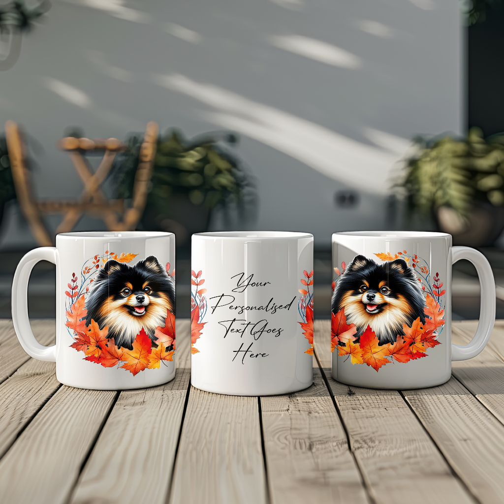 Personalised Black and Tan Pomeranian in an Autumn wreath - Keepsake Mug, ideal gift for Birthday and Christmas Gift, by Floppsie Moppsie – floppsiemoppsie at floppsiemoppsie.co.uk