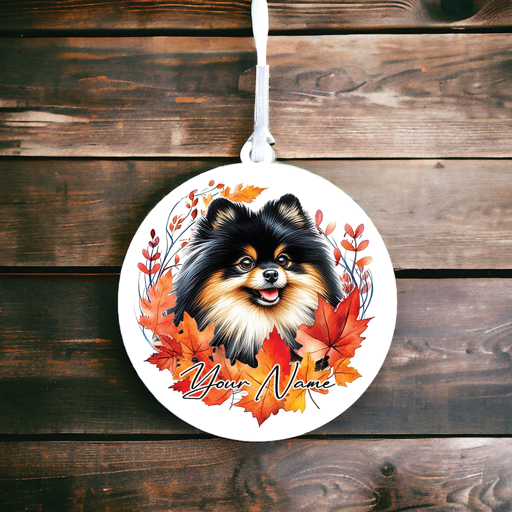 Personalised Dog Black and Tan Pomeranian in an autumn wreath - Keepsake Gift Hanging Decoration, by Floppsie Moppsie – floppsiemoppsie at floppsiemoppsie.co.uk