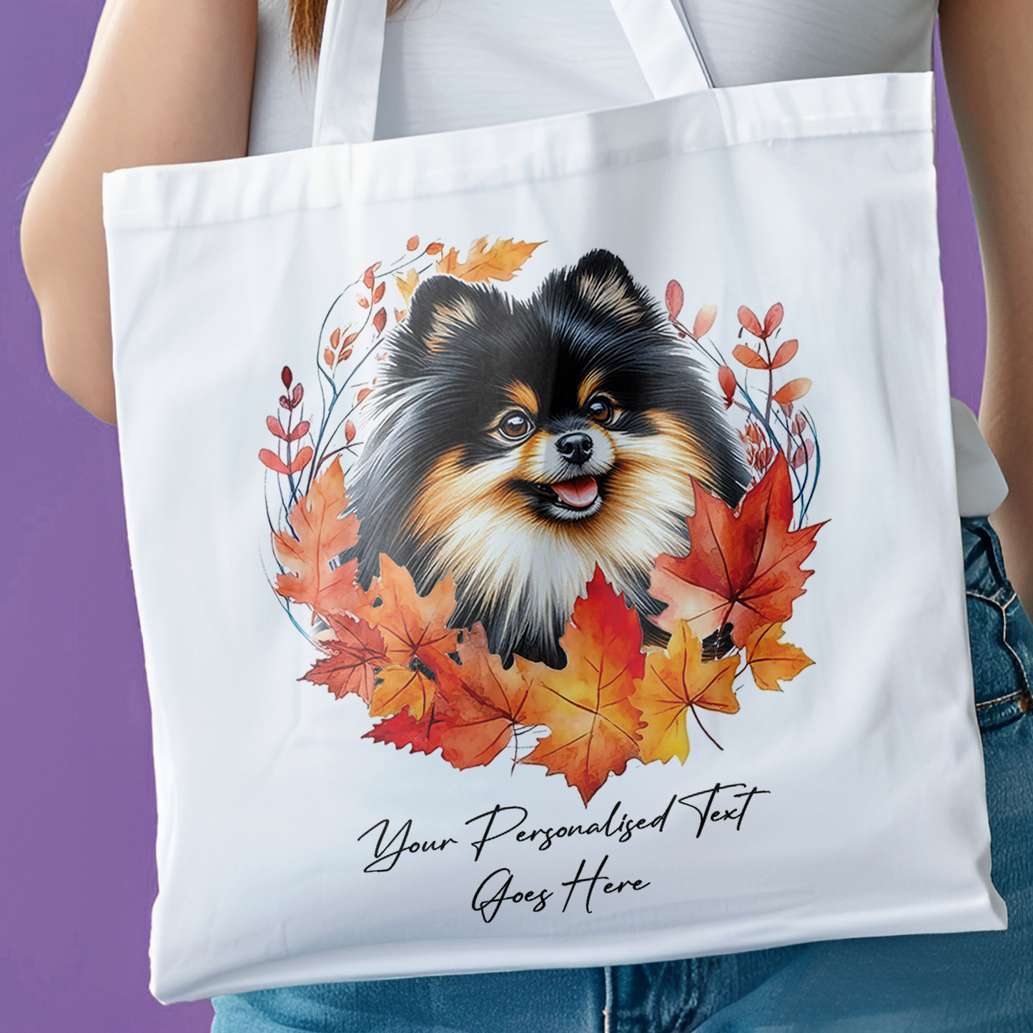 Personalised Dog Autumn Wreath Black and Tan Pomeranian Tote Bag