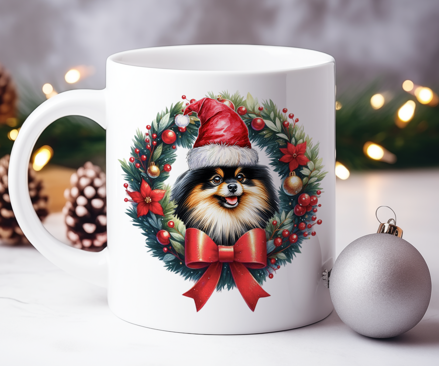 Personalised Black and Tan Pomeranian Dog Christmas Wreath Gift Mug