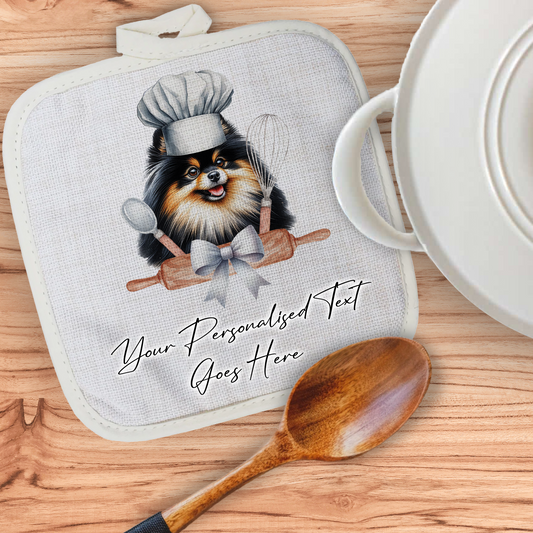 Personalised Dog In Chef Hat Gift Pot Holder / Grab - Black and Tan Pomeranian