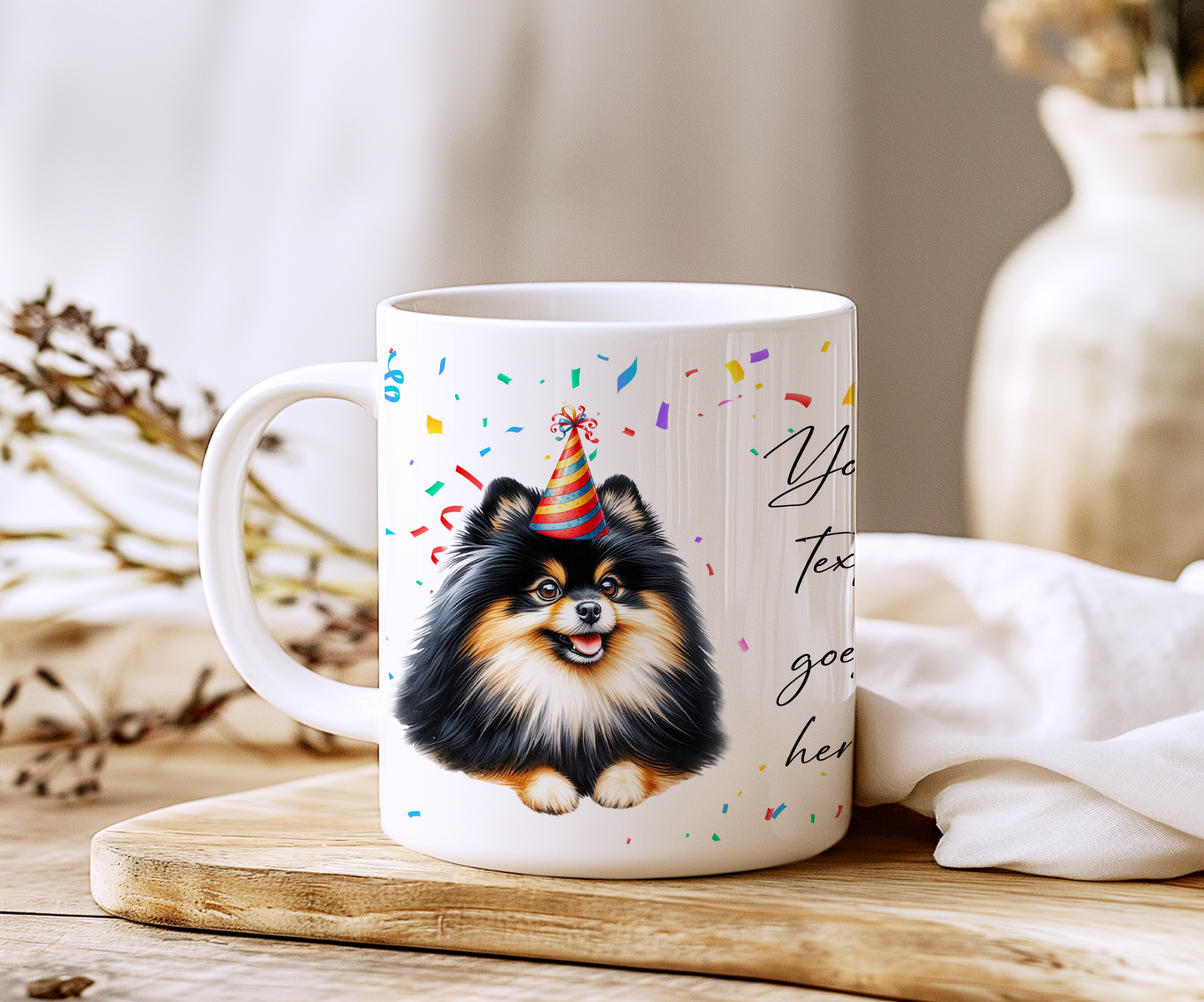 Personalised Dog Gift Mug - Black and Tan Pomeranian with Birthday Congratulations Party Hat