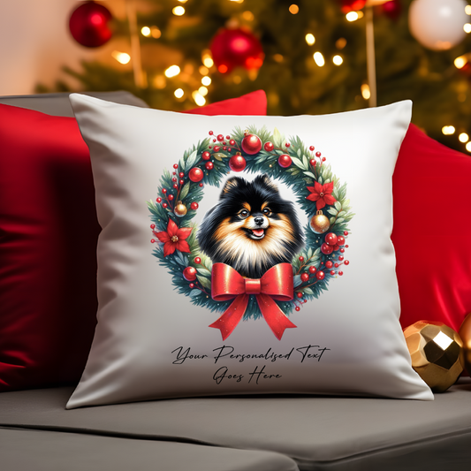 Personalised Black and Tan Pomeranian in a Christmas wreath - Keepsake Gift cushion, by Floppsie Moppsie – floppsiemoppsie at floppsiemoppsie.co.uk