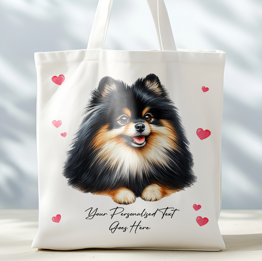 Personalised Dog Love Hearts Black and Tan Pomeranian Tote Bag