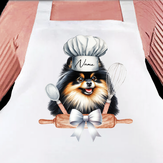 Personalised Pet Chef Dog – Black and Tan Pomeranian - Keepsake Gift Kitchen Baking Cooking Apron, by Floppsie Moppsie – floppsiemoppsie at floppsiemoppsie.co.uk