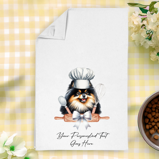 Personalised Dog In Chef Hat Gift Tea Towel - Black and Tan Pomeranian